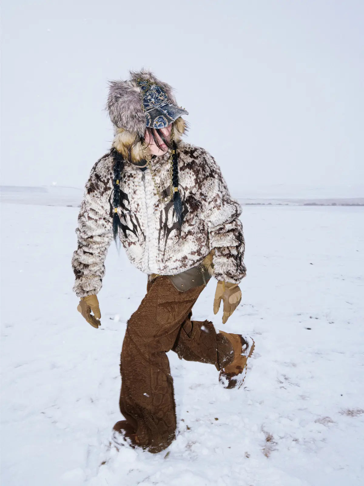 Personsoul Snake Print Faux Fur Jacket