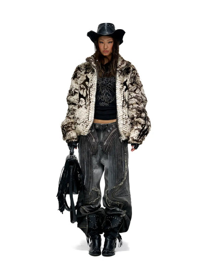 Personsoul Snake Print Faux Fur Jacket