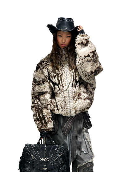 Personsoul Snake Print Faux Fur Jacket