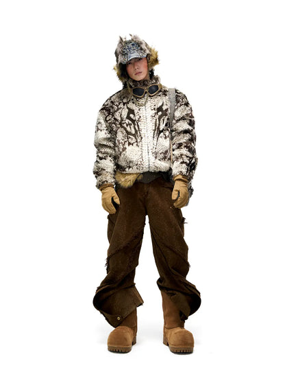 Personsoul Snake Print Faux Fur Jacket