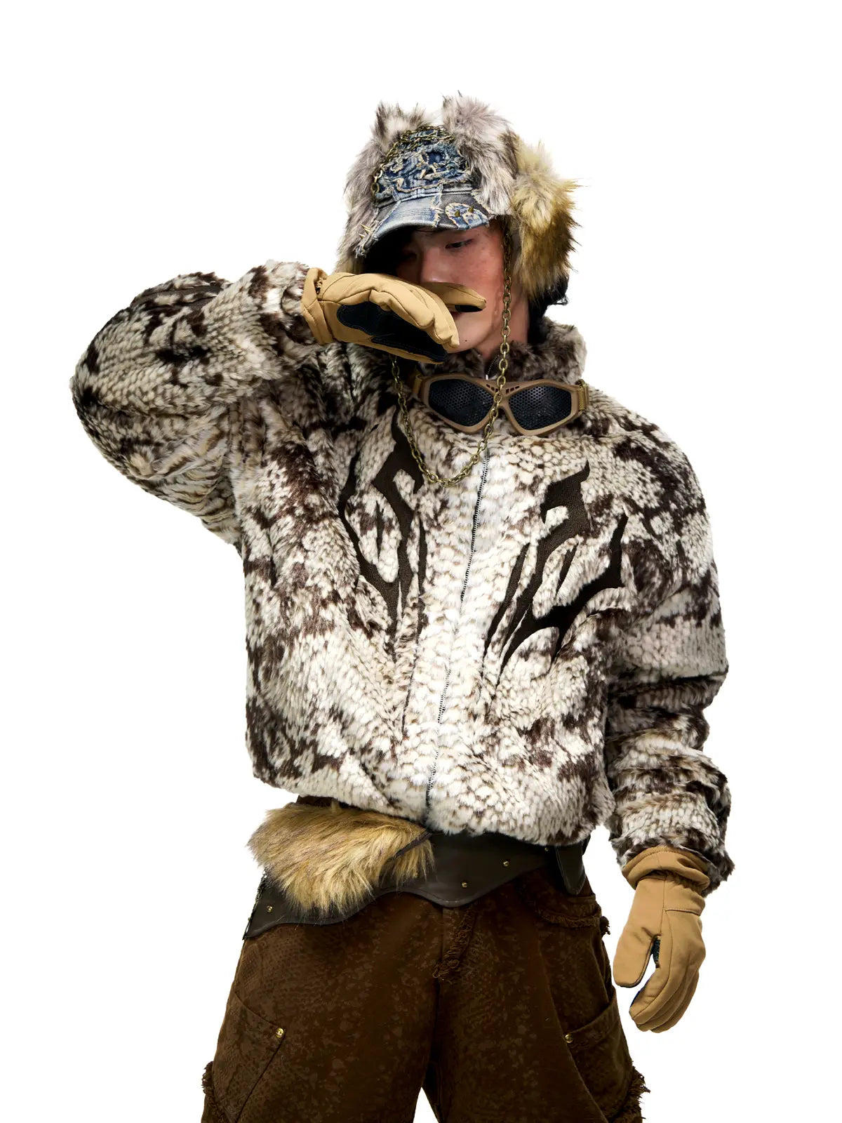 Personsoul Snake Print Faux Fur Jacket